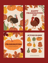 Set of flat autumn and Thanksgiving themed illustrations featuring turkeys, pumpkins, leaves, and seasonal text. Warm earthy colors, perfect for greeting cards, posters, invitations, and seasonal