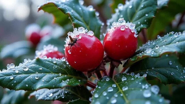 Charming red berries glistening with icy dew drops in winter wonderland nature video