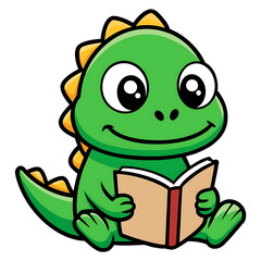 Fototapeta premium Cute green cartoon dinosaur reading a book with a happy expression 