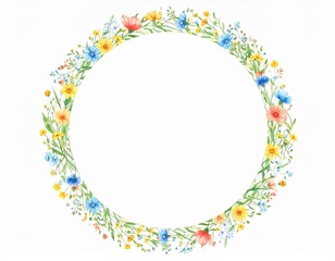 Floral circle frame with abstract wildflowers, branches and leaves. Watercolor illustration wreath for your text isolated on white background.