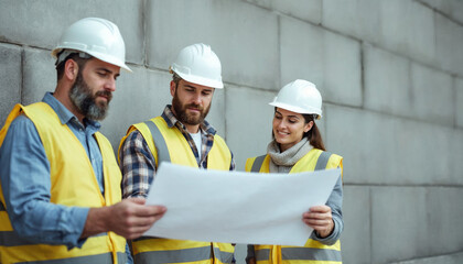 Engineers reviewing a large project plan in front of a concrete wall.
