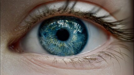 Close-up of a human eye showcasing vibrant blue iris with intricate patterns, reflecting light and textures, emphasizing the beauty and complexity of human vision