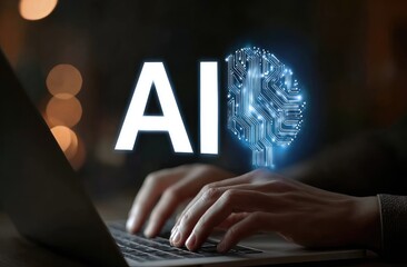 Hands typing on laptop with AI graphic overlay