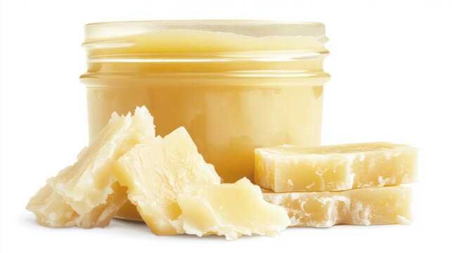 Jar of fluffy white tallow next to a stack of refined beeswax. Isolated on  white background.  