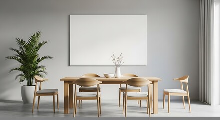 A modern dining room features a blank canvas for artwork