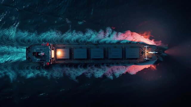 Drone overhead view dark cargo ship moonlit waters at night, hidden lights red glow deck, black market trade theme, cinematic moody moonlight sea, minimal storytelling tension 4k
