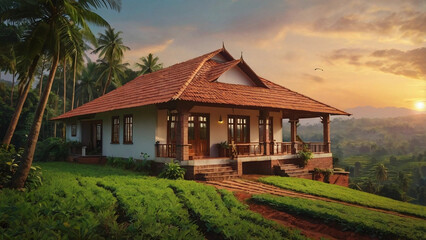 Traditional Red Brick House in a village surrounded by mountains & beautiful plantations, home located in the middle of a picturesque hill station with a gorgeous sunset in the background