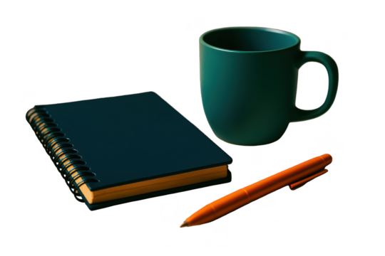Teal mug, spiral notebook, and orange pen on a black surface.