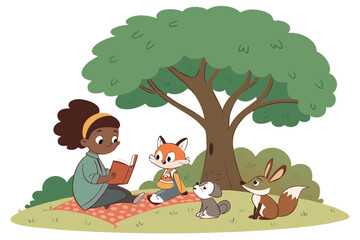 Fototapeta premium Girl reading a book to friendly forest animals under a large tree
