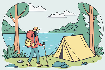 Obraz premium Hiker with backpack and tent by a lake in a forest setting