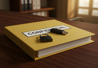 A yellow folder labeled confidential with a padlock and USB flash drive rests on a wooden office desk.