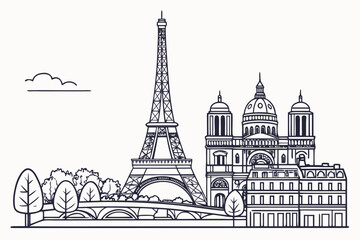 Fototapeta premium Parisian skyline illustration featuring the eiffel tower and sacre coeur basilica