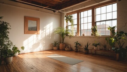 Sunny yoga studio with potted plants
