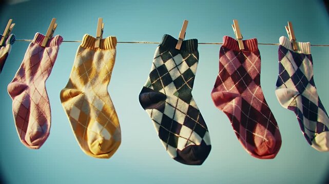 Various Argyle Socks on Clothesline Against Bright Blue Sky in Daylight