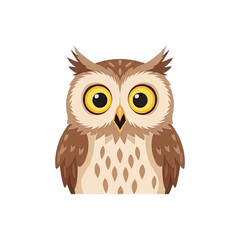 Fototapeta premium A charming cartoon illustration of a wide-eyed brown owl with feathery ear tufts, looking forward on a white background.