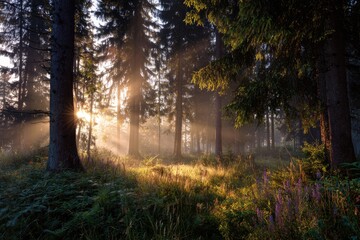 Naklejka premium Sunrise in a misty forest (1)