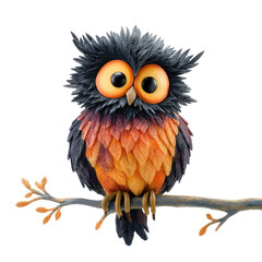 Fototapeta premium Vibrant Halloween Owl Sitting on a Branch with Unique Colors and Large Eyes Amidst a Spooky Atmosphere