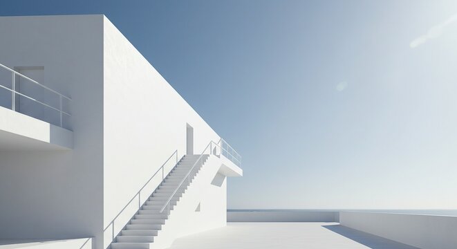 Modern minimalist architecture design white building with stairs and blue sky background concept ideas 3d render