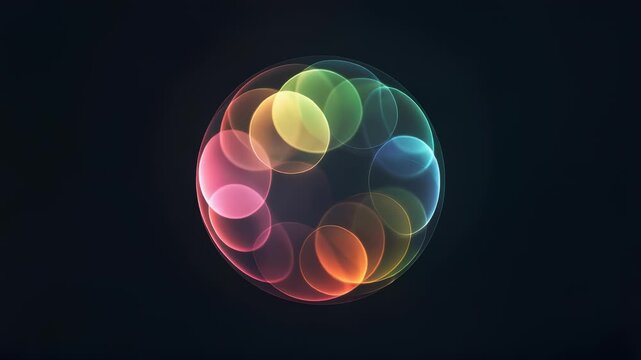 Translucent multicolored spheres form rotating cluster in dark void