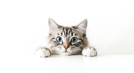 Adorable kitten with blue eyes peeks over a white surface isolated on white background