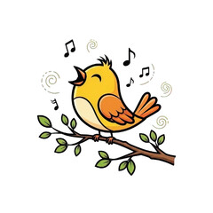 A cute yellow cartoon bird sings a happy song while perched on a leafy tree branch.
