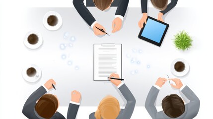 Top view of a business meeting with five people around a table, working on documents, using a tablet, and drinking coffee.
