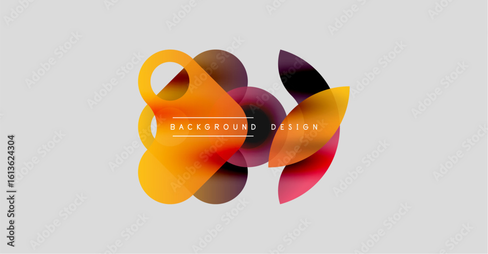 Poster abstract colorful shapes overlap, creating dynamic visual effect. light gray background provides cle