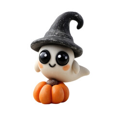 Whimsical Clay Ghost Character with Big Expressive Eyes Wearing a Witch Hat and Sitting on a Pumpkin