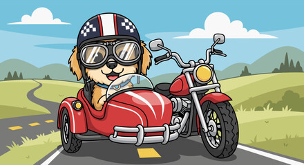 Obraz premium A cheerful cartoon dog wearing a helmet and goggles, riding in a sidecar motorcycle on a sunny road.