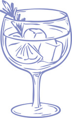 Line drawing of glass with drink, ice cubes, and garnish, featuring simple and elegant style, with sprig of herb or plant on top, suitable for beverage or cocktail themes