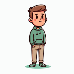 Naklejka premium Digitally rendered cartoon illustration of a boy in casual attire, displaying a thoughtful or slightly melancholic expression.