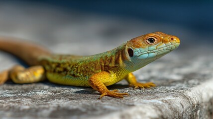 Obraz premium A vibrant lizard with intricate patterns basks on a sunlit stone by a body of water.