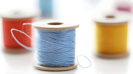 Close-up of light blue thread spool, surrounded by colorful spools.  Wooden spool, thread, sewing supplies, bright colors, crafts, hobby, focus on light blue spool, blurred background