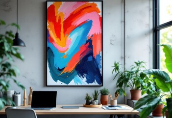 Vibrant abstract artwork displayed in a modern home office.
