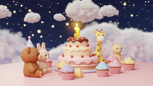 A child's third birthday party scene with plush toys and sweets
