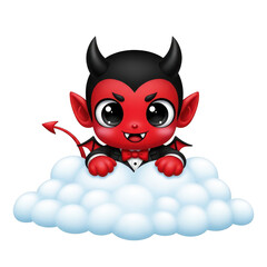  a cute baby devil cartoon character with red skin, black horns, and a tail, sitting on a fluffy white cloud, isolated on transparent background