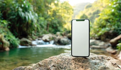 Smartphone on rock, jungle background