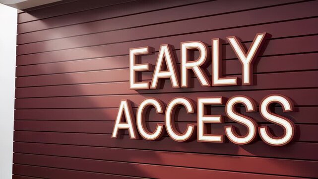 Illuminated EARLY ACCESS sign on red slatted wall with drifting smoke