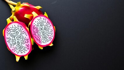 Fototapeta premium dragon fruit pitaya black stone top view exotic sliced fruit vibrant pink dark background editorial 