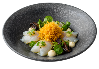 Gourmet Seafood Tartare with Microgreens and Crispy Shredded Garnish Isolated on PNG Background.