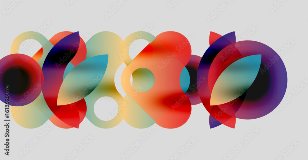 Poster abstract composition featuring overlapping colorful circles. soft gradients create dynamic visual te