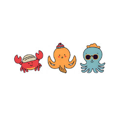 Cute Cartoon Sea Creatures: Crab, Octopus, and Nautical Designs