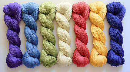 Colorful skeins of yarn in a spectrum of hues.  Tightly wound coils of different shades of yarn, displayed in rows.  Natural light highlights the colors