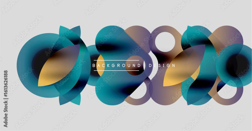 Poster abstract colorful shapes overlap, creating dynamic visual effect. text reads background design cente