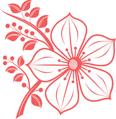 Elegant red floral line art design featuring a blooming flower with delicate leaves and berries, perfect for decorative prints, vector illustrations, and modern botanical artwork.