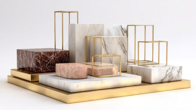 A collection of various marble blocks in different colors and shapes, arranged on a golden base. The scene showcases modern design elements and textures.