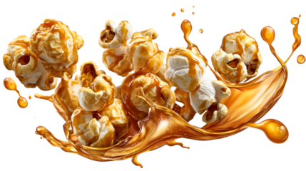 Caramel popcorn splashes against a transparent background