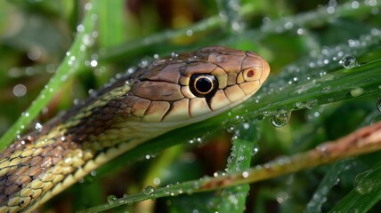Obraz premium A green snake hides in dew-covered grass, showcasing vibrant colors and patterns.