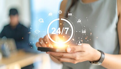 Call center support holding phone with 24-7 icon for worldwide nonstop and full-time available contact of service concept. Assistance customer services, delivery.Technician ready for service 24 hours.