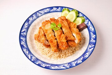 Fried Chicken and rice, , fried chicken , crispy fried chicken ,thai called khao kai tod